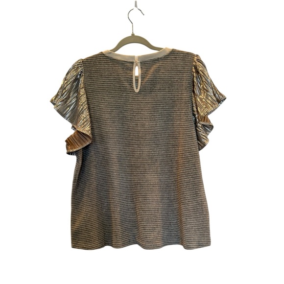 NWT THML Taupe Velvet Ribbed Top With Metallic Pleated Flutter Sleeve - Picture 2 of 7
